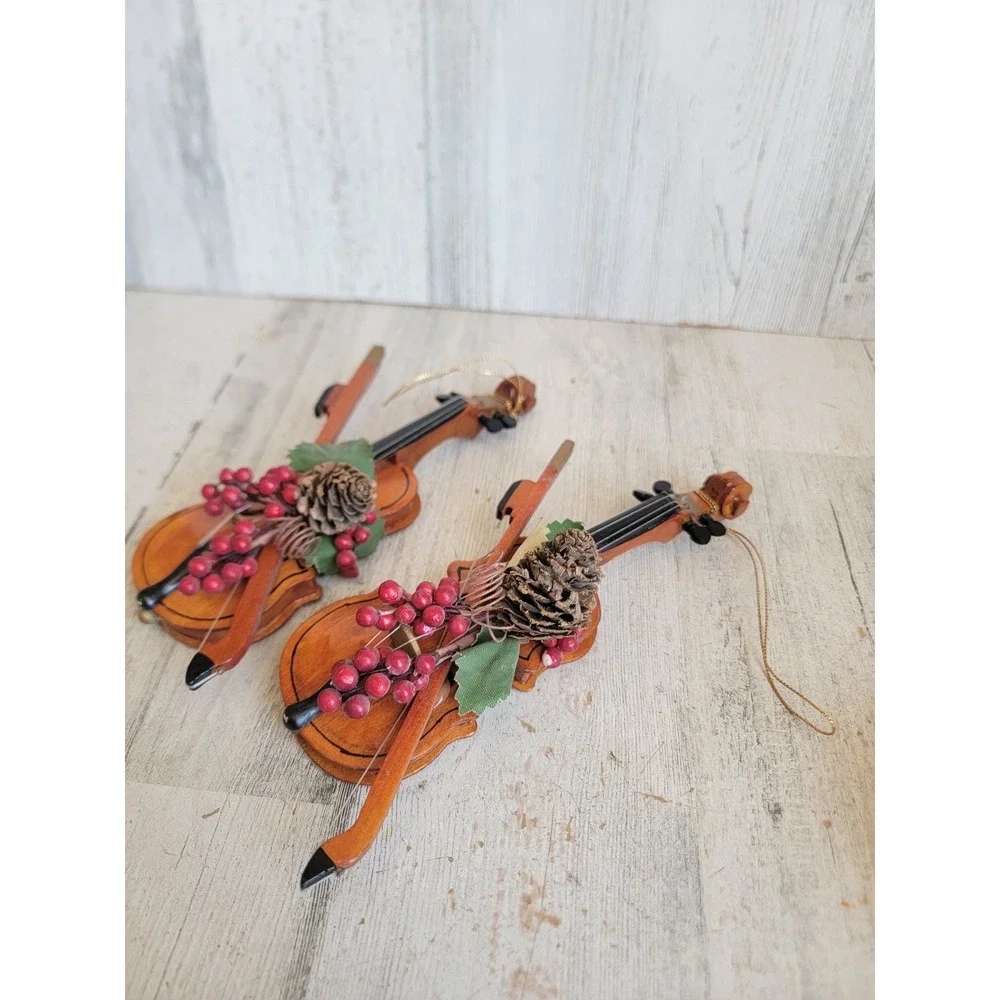 Vintage violin bow cranberry pine cone ornament Xmas wooden set home Cello